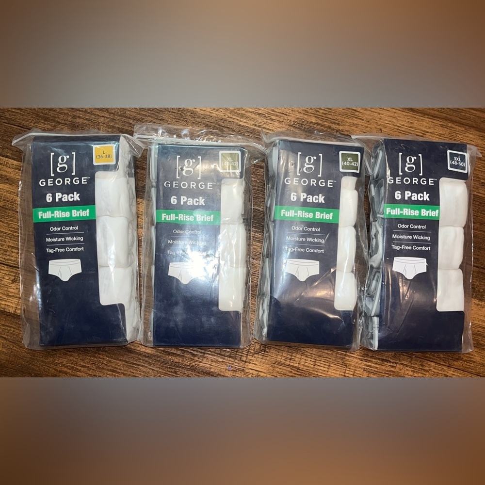 6-Pack GEORGE Men’s Full-Rise Briefs Tag-Free Moisture Wicking • White/Gray NWT